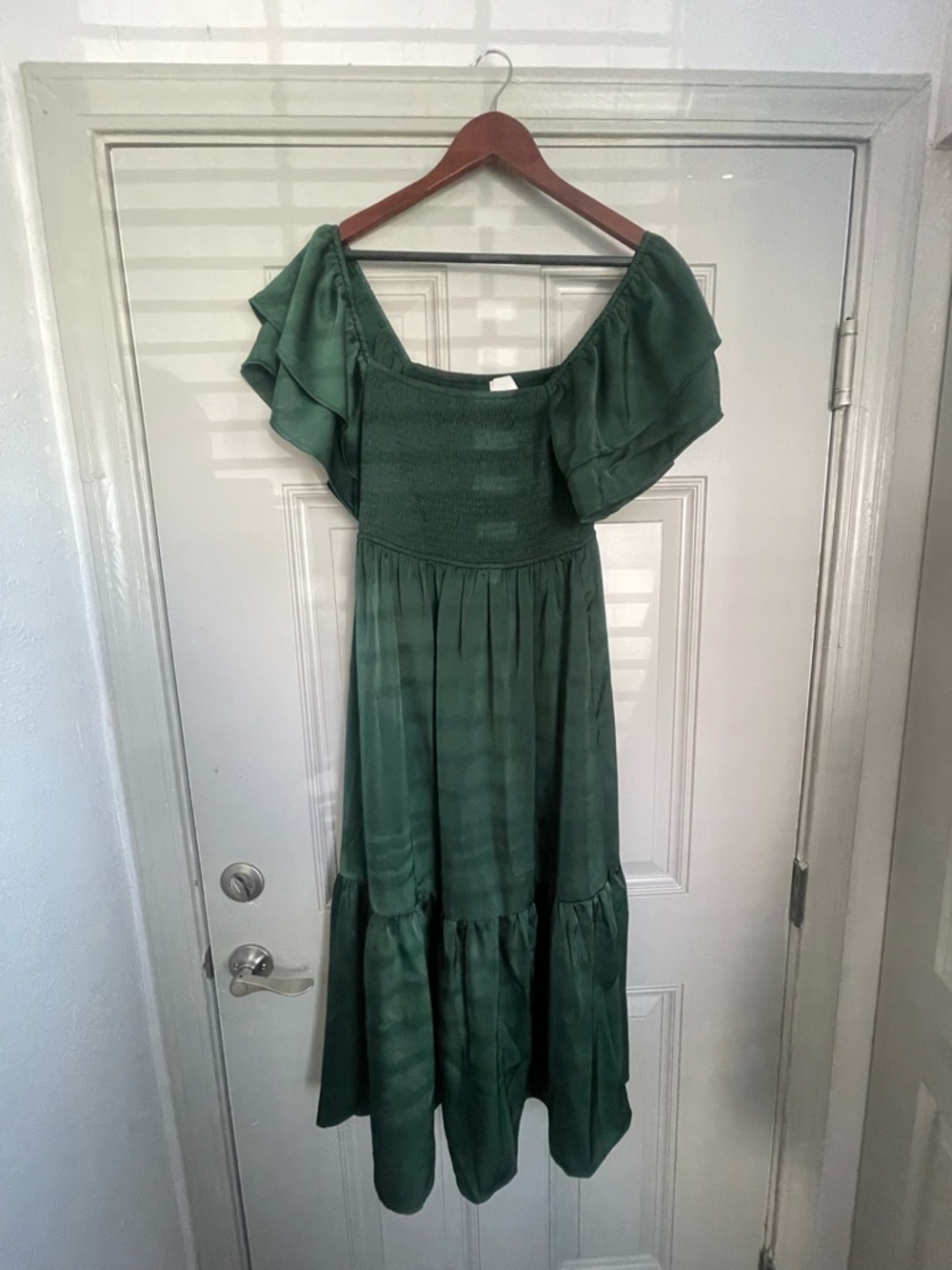 PinkBlush Forest Green Satin Flutter Sleeve Maternity Midi Dress